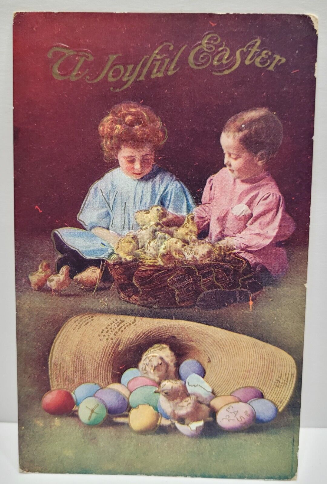 Vintage Postcard 1911 Easter Children Chicks Hat Full of Colored Eggs