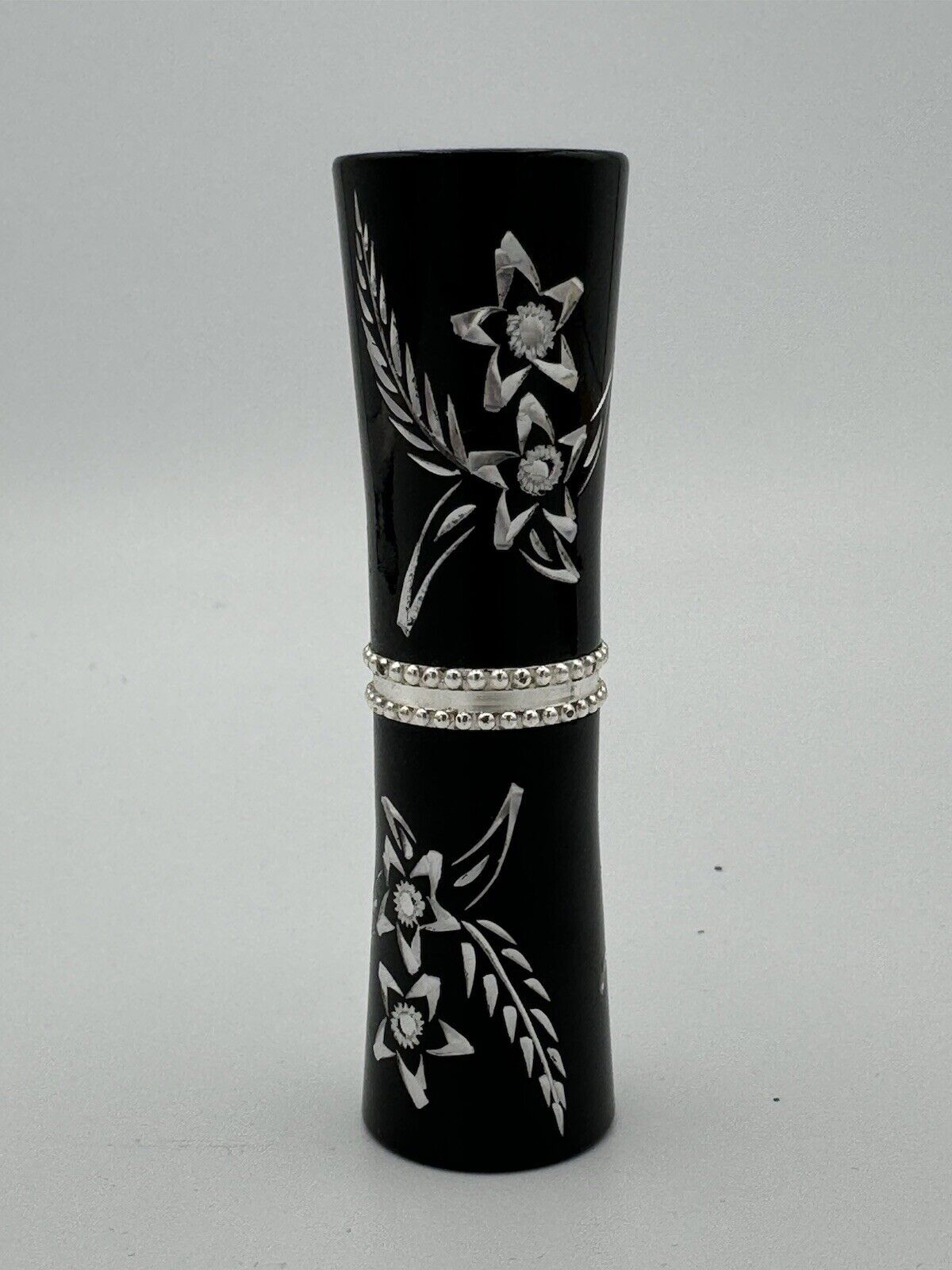 Vintage Revlon Hand Engraved 594 Black / Silver Lipstick Case Modern Leaf Floral