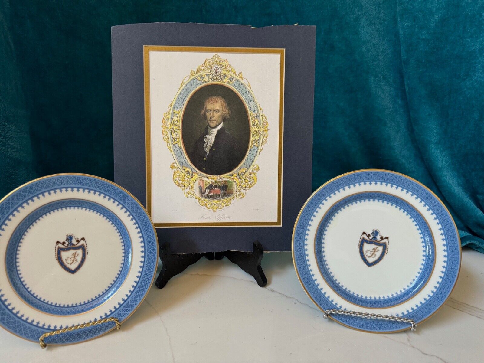 PRES THOMAS JEFFERSON Portrait ENGRAVING 1801-09 + 2 WHITE HOUSE Dessert PLATES
