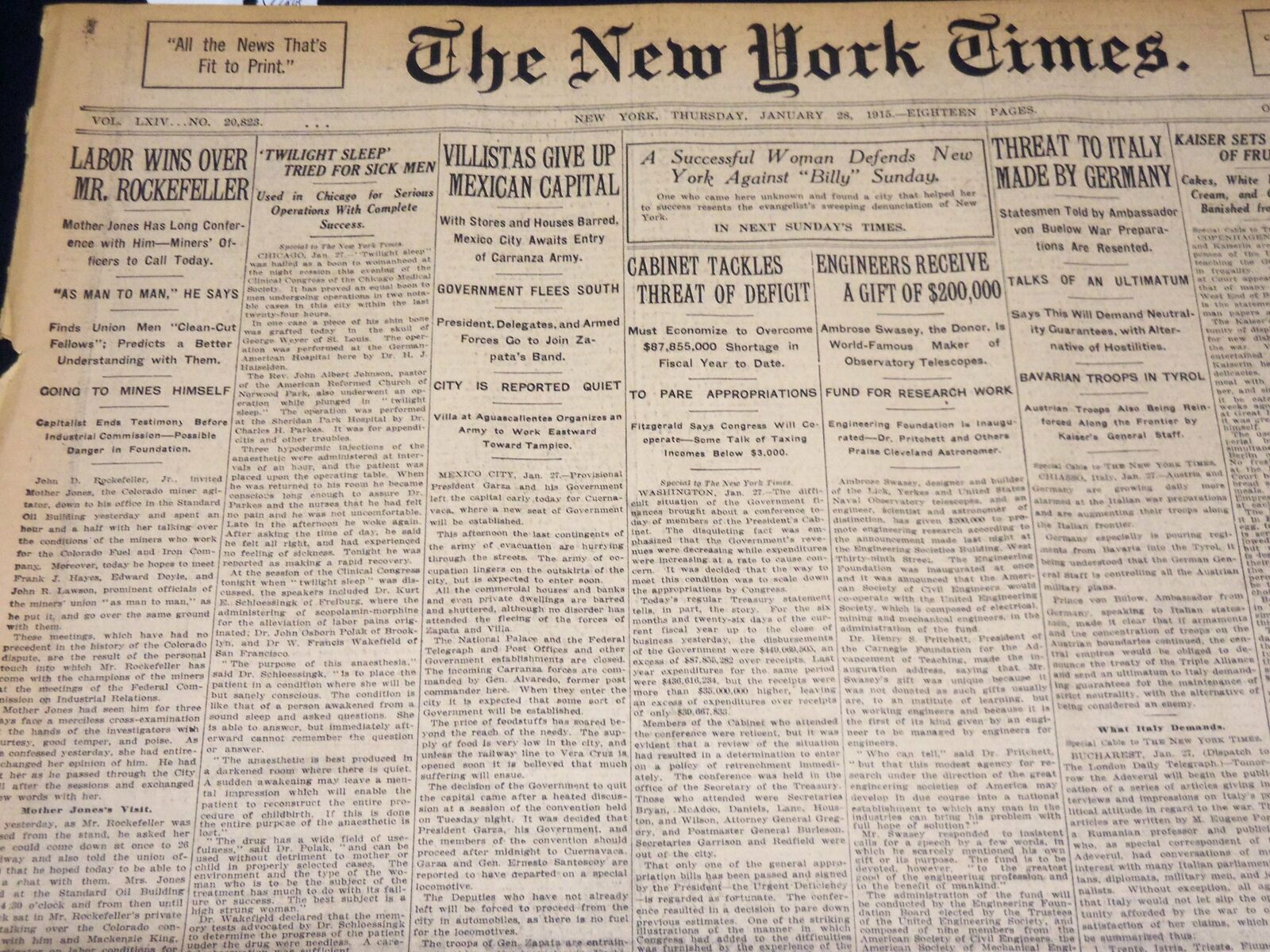 1915 JANUARY 28 NEW YORK TIMES - LABOR WINS OVER MR. ROCKEFLLER - NT 7828
