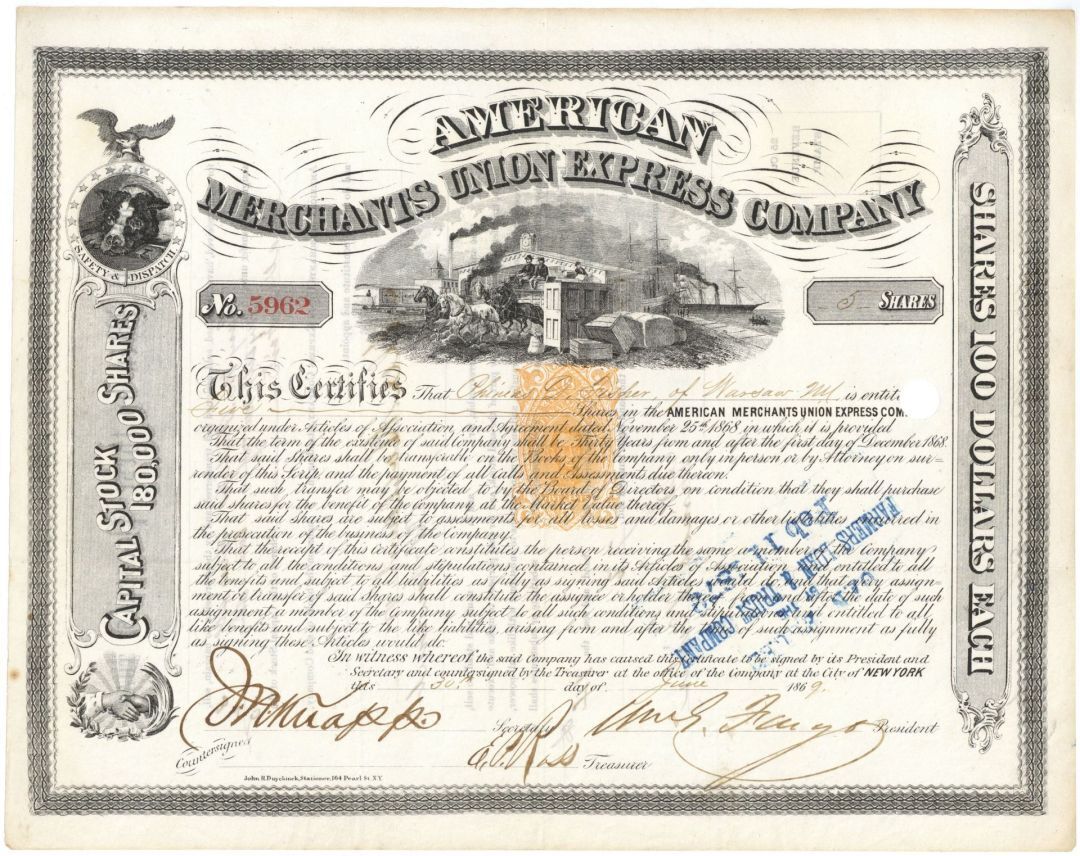 American Merchants Union Express Co. signed by William G. Fargo - 1869 dated Aut