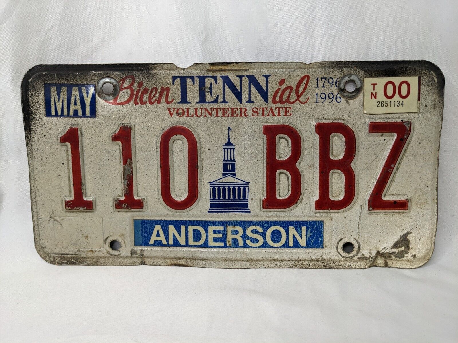 Vintage Tennessee License Plate BicenTENNial 110 BBZ Anderson May 2000
