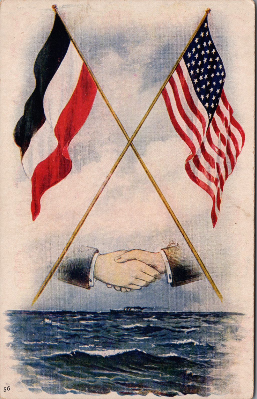 Post WWI French American Crossed Flags Shaking Hands Ship at Sea Under Power UDB