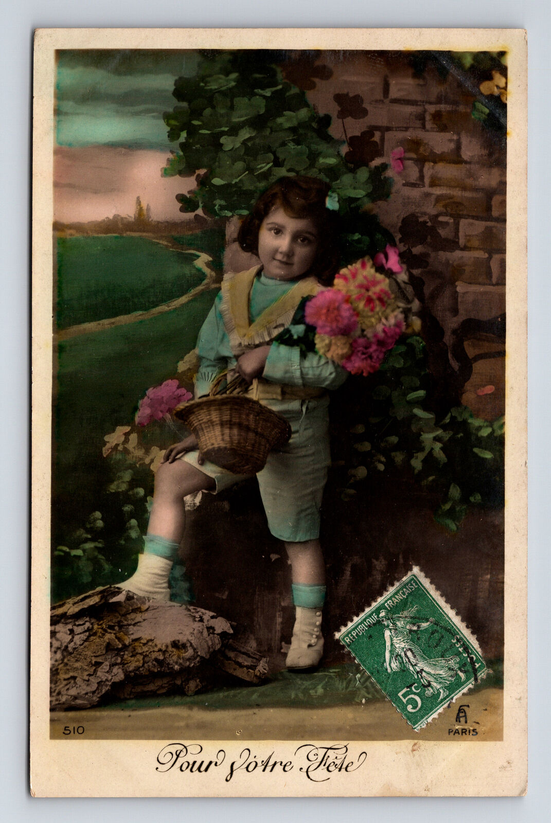 RPPC Young French Girl Bouquet Flowers Hand Colored Real Photo Postcard