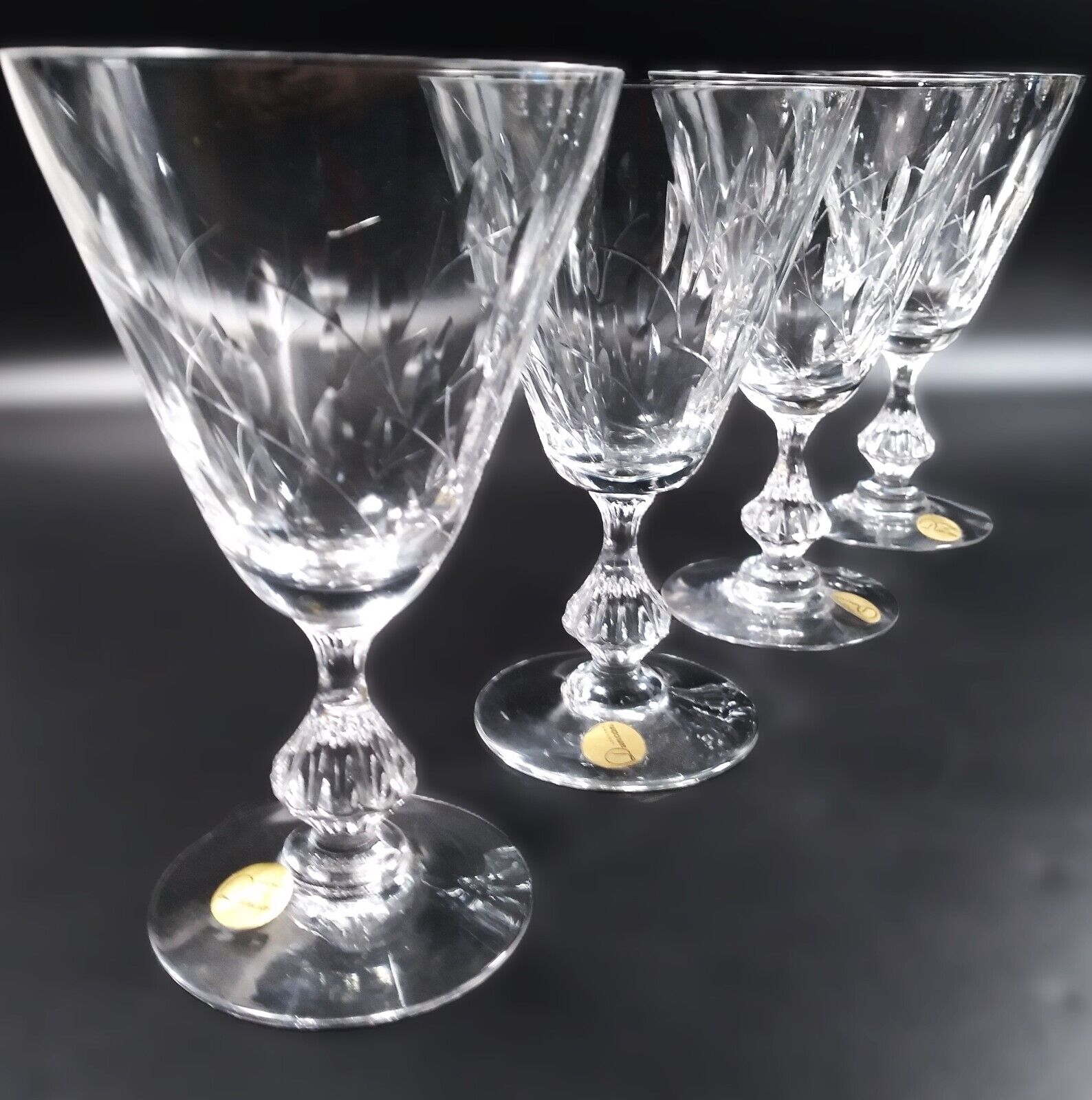 Duncan Miller Willow Crystal Water Goblet Glasses Cut Leaf Rows Ribbed Stems NOS