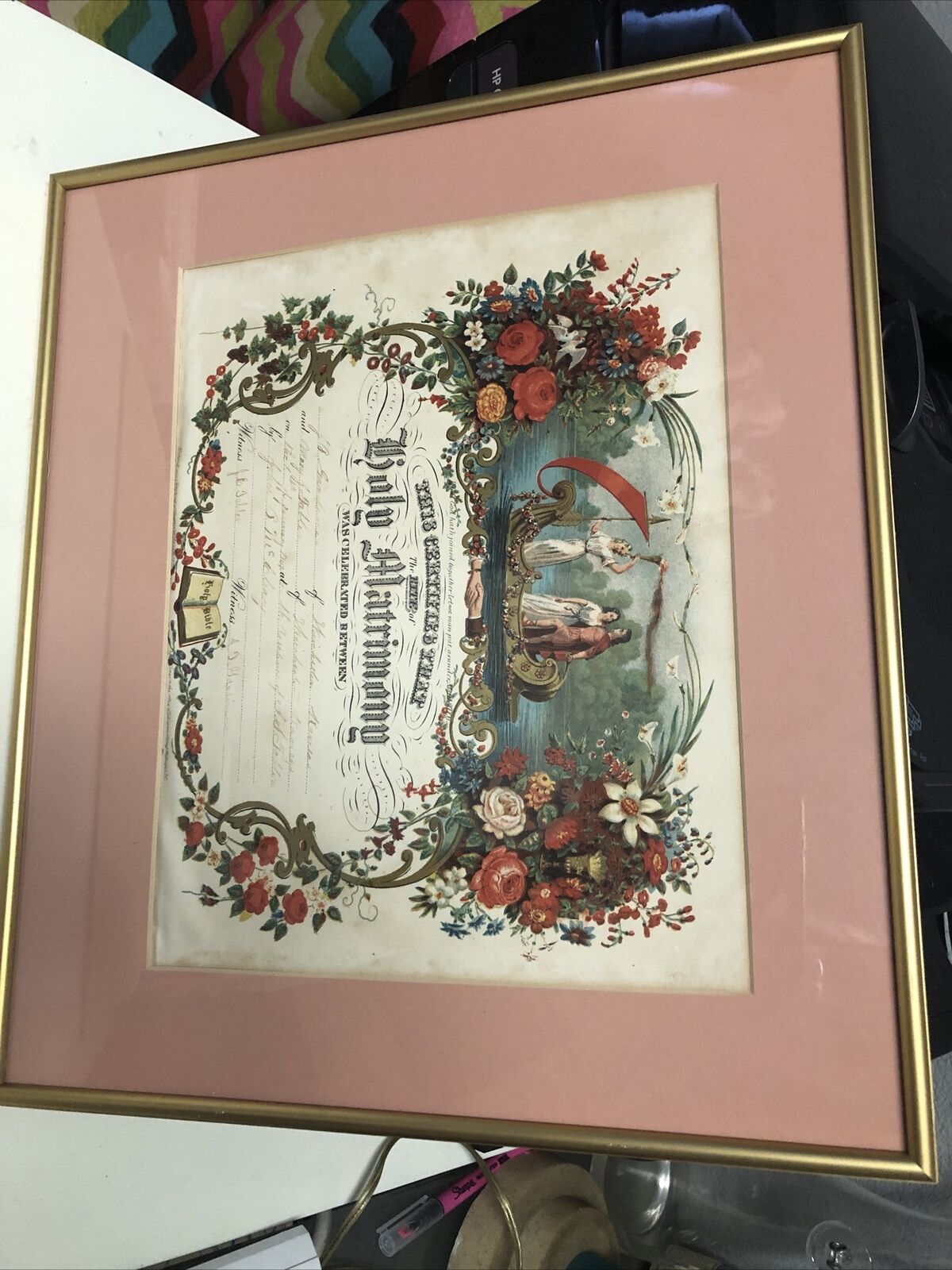 Antique 1869 Victorian Framed Marriage Certificate Holy Matrimony 15.5”x13.5”