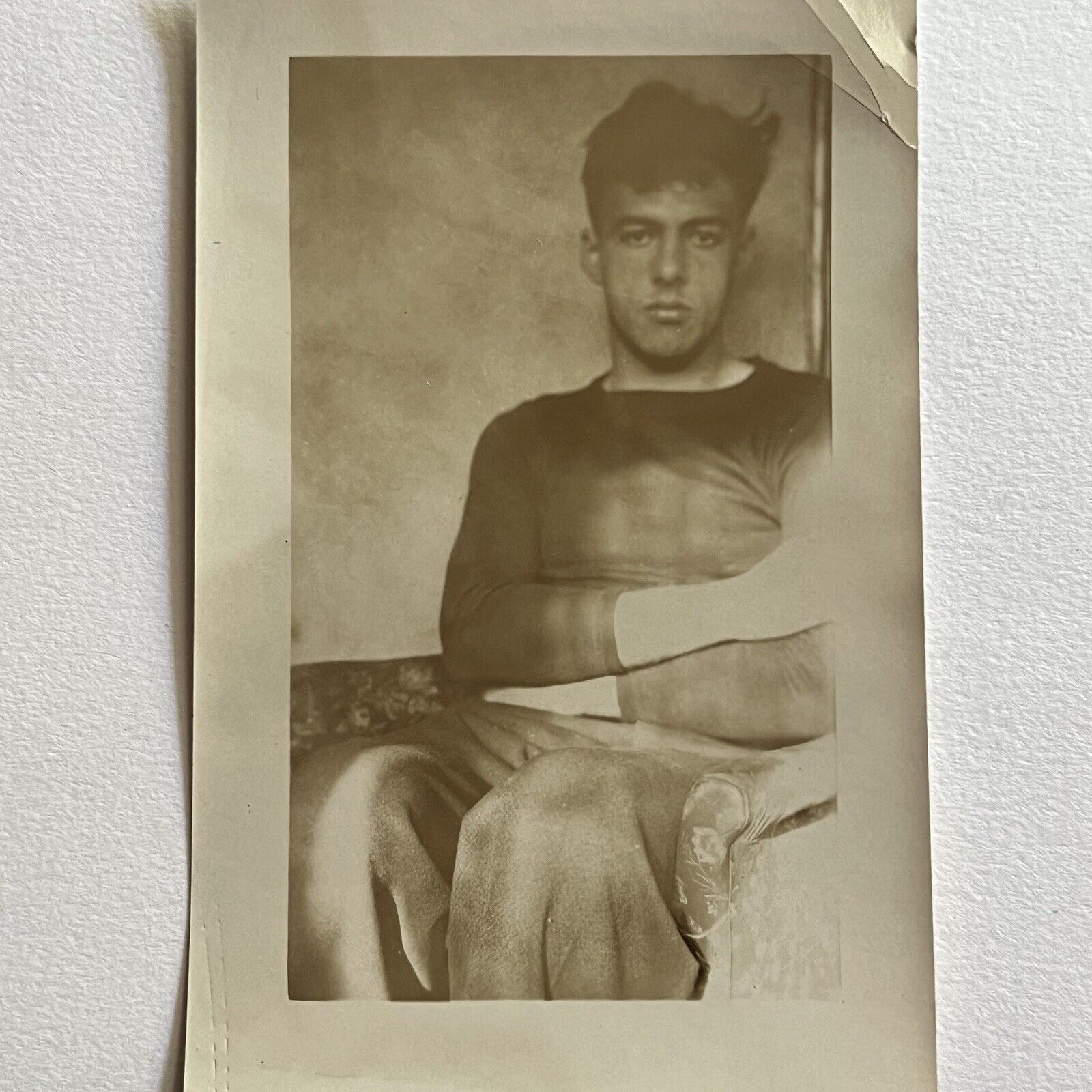 Vintage Sepia Snapshot Photograph Somber Stoic Young Man Abstract