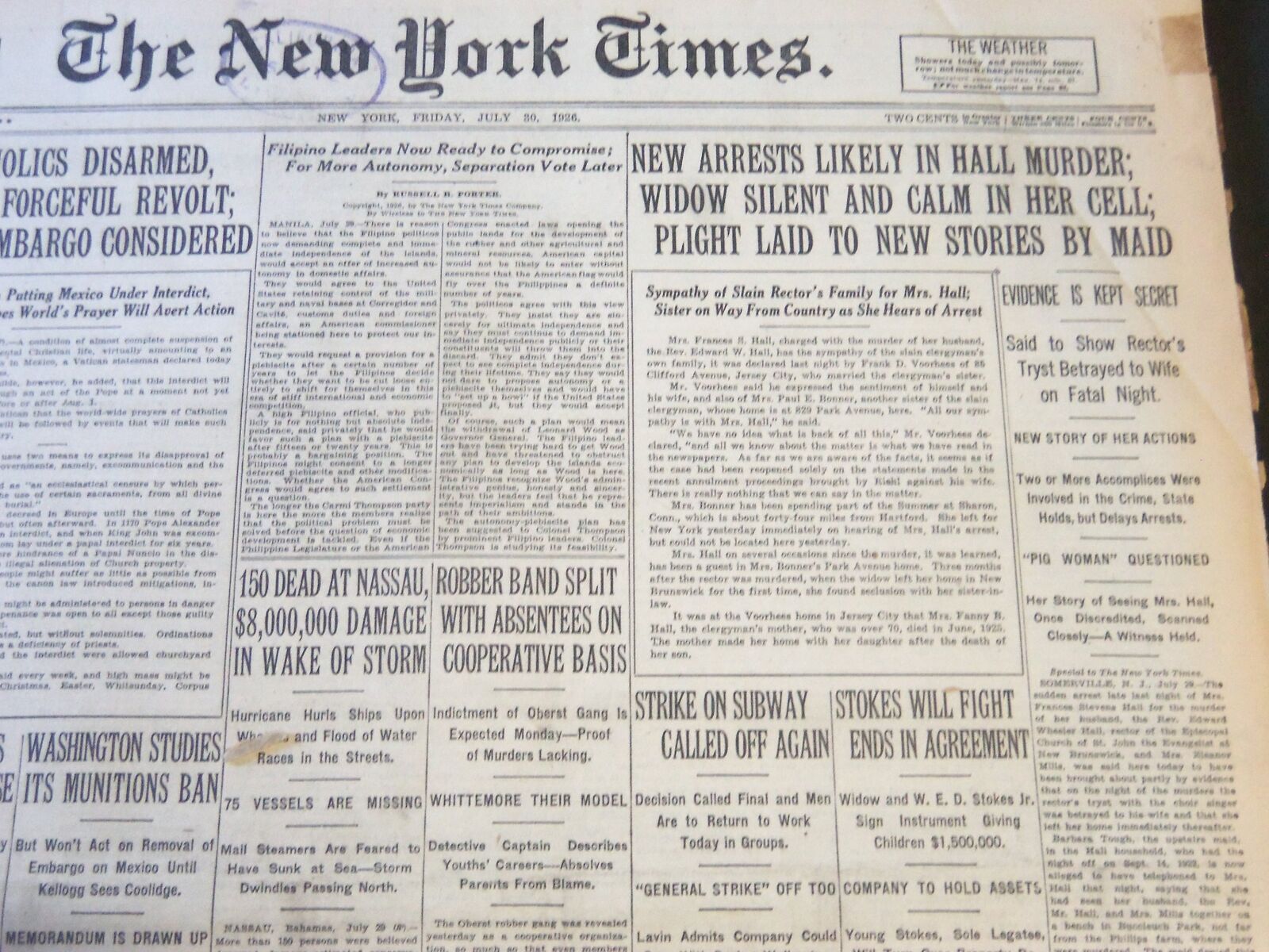 1926 JULY 30 NEW YORK TIMES - NEW ARRESTS LIKELY IN HALL MURDER - NT 6597