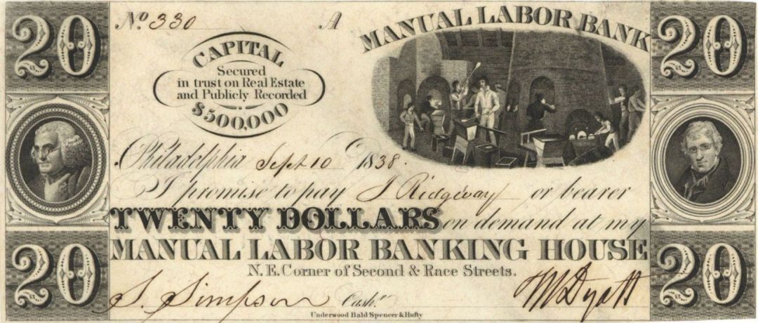 Manual Labor Banking House $20 - Obsolete Notes - Paper Money - US - Obsolete