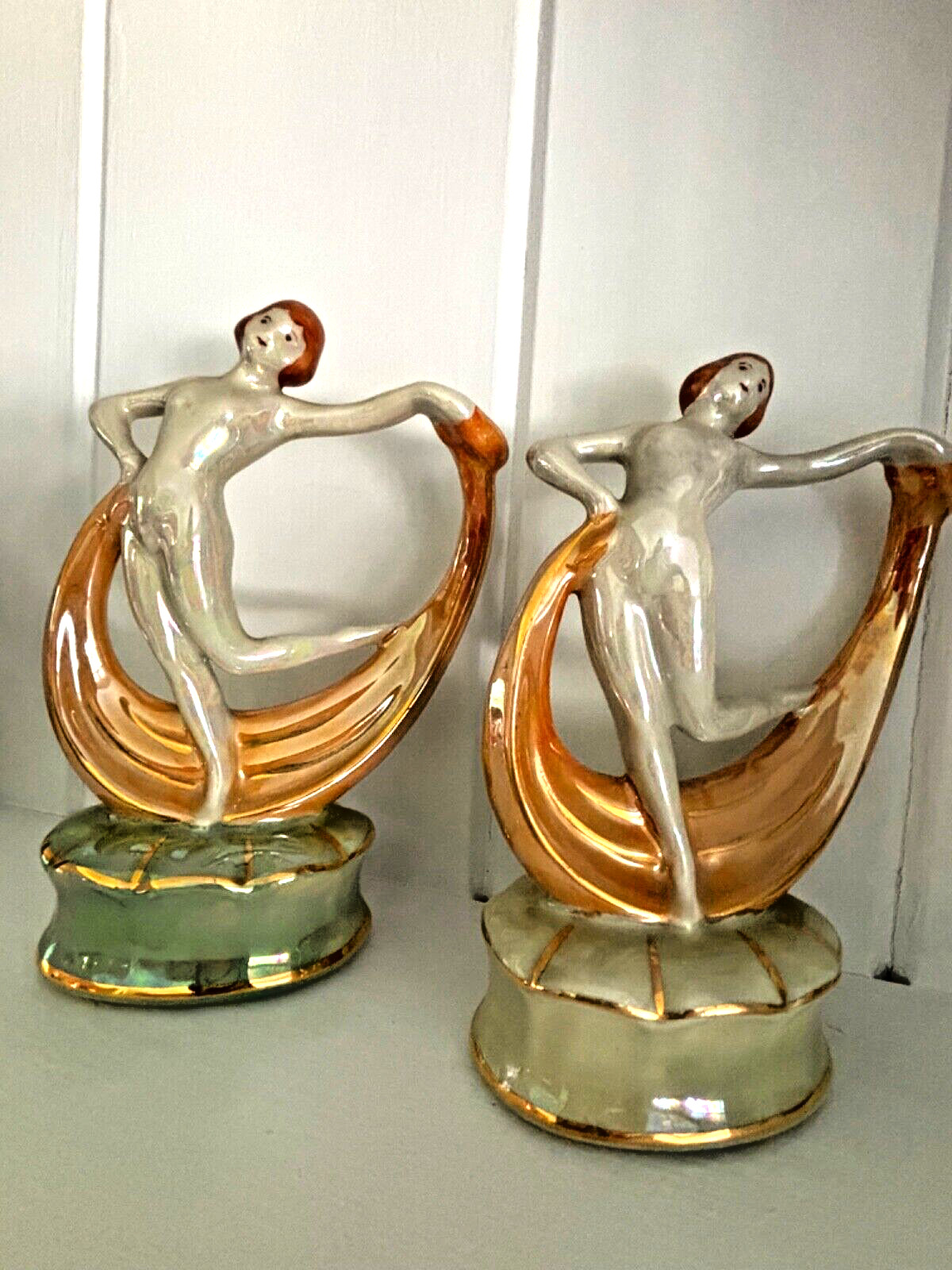 Lot of 2 - VTG  Sculpture Lady Scarf Dancing Cream Green Gold Lusterware