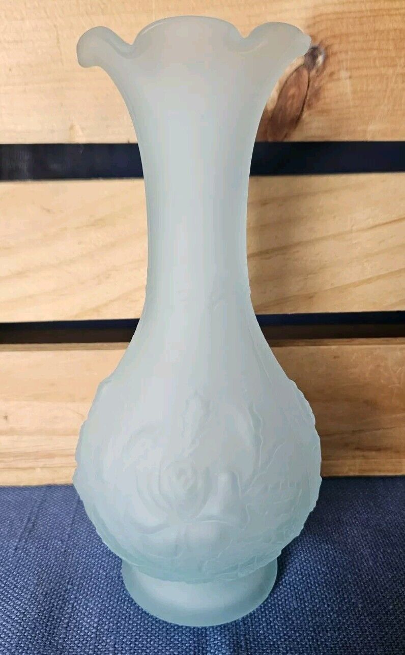 Vintage Imperial Glass Blue Frosted Rose Floral Ruffle Top Bud Vase