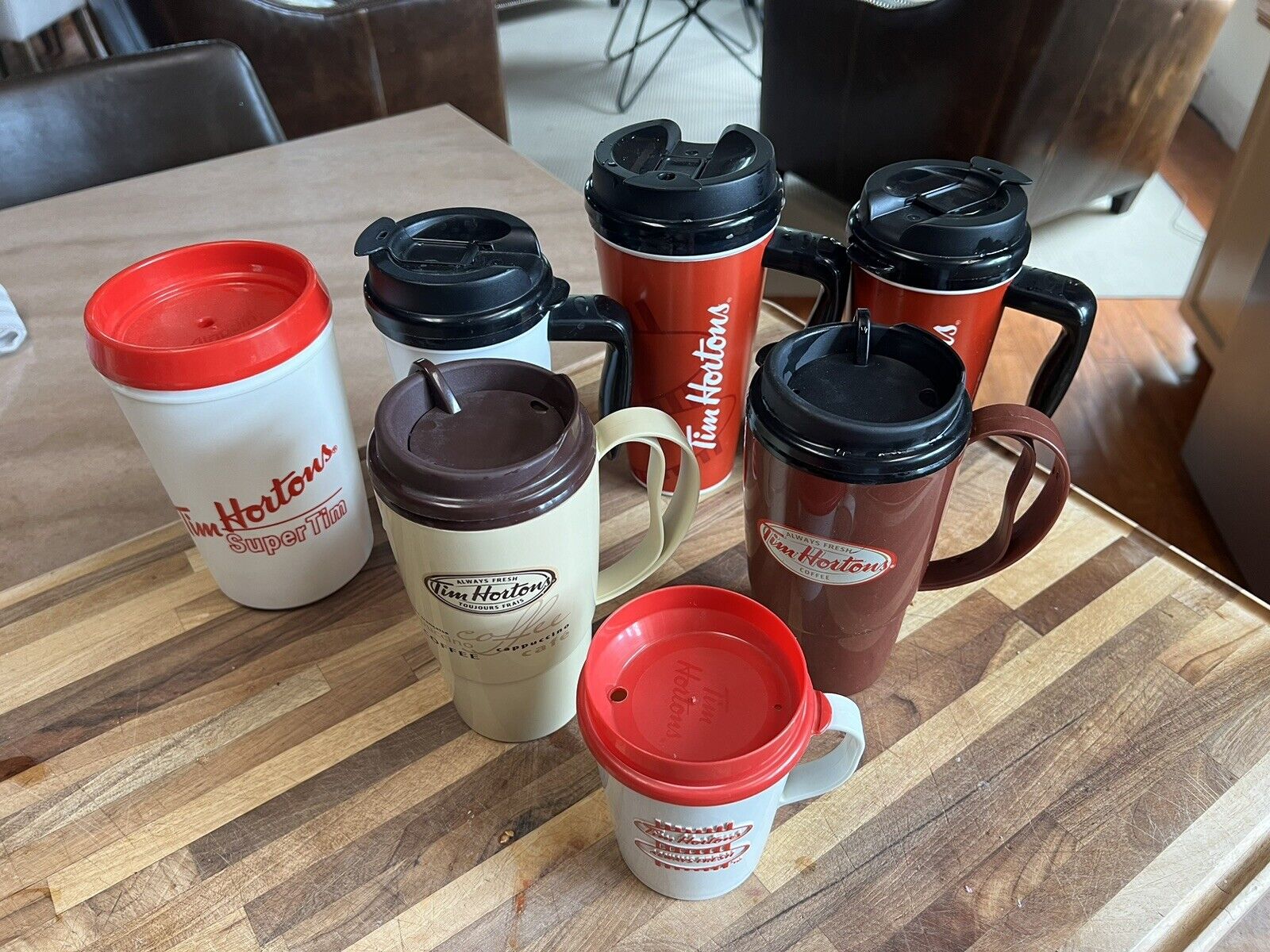 Large Lot Of 7 Tim Hortons Plastic Travel Coffee Mugs