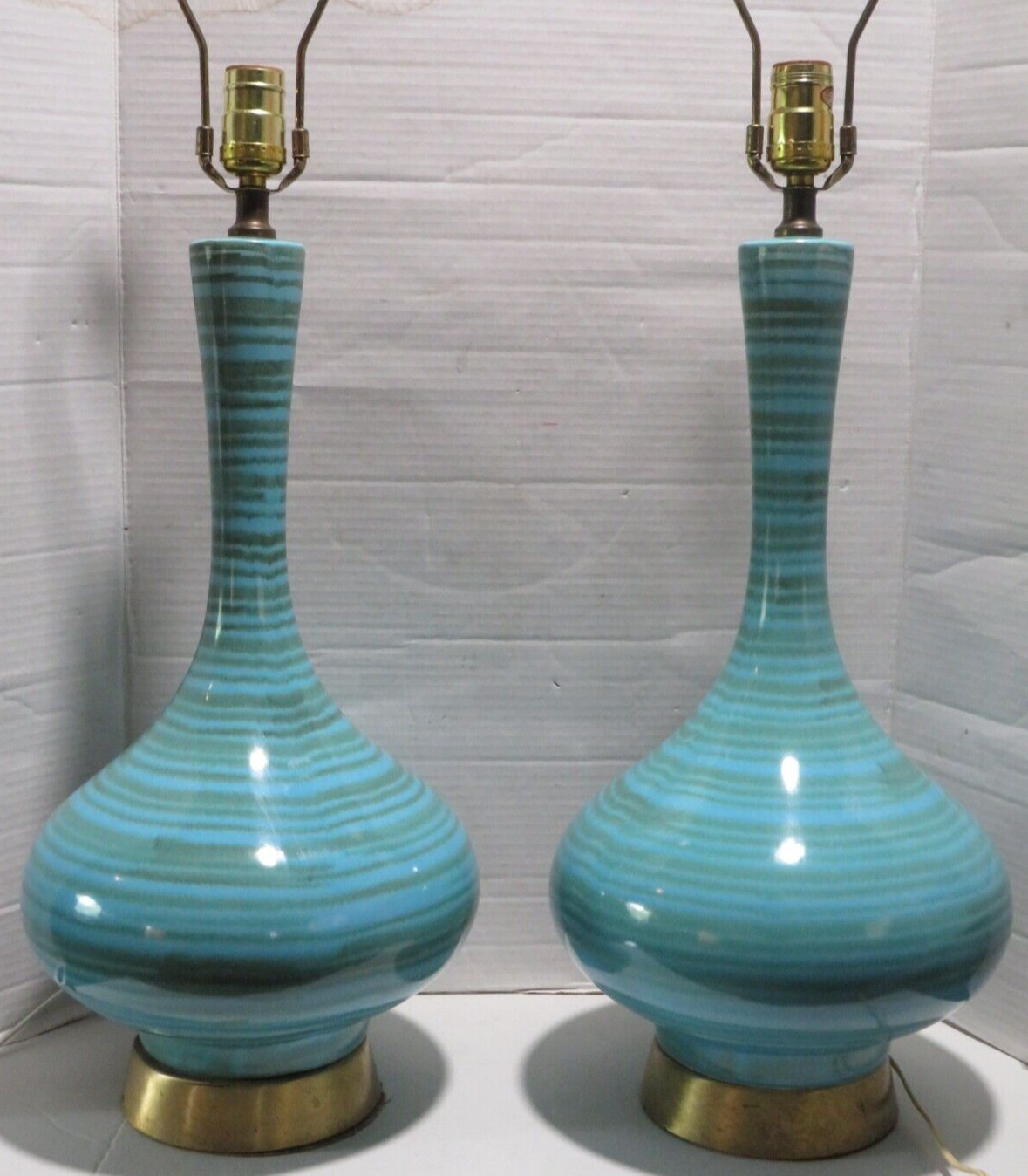 Vintage Mid Century Modern Ceramic Drip Striped Blue Green Table Lamps Pair MCM