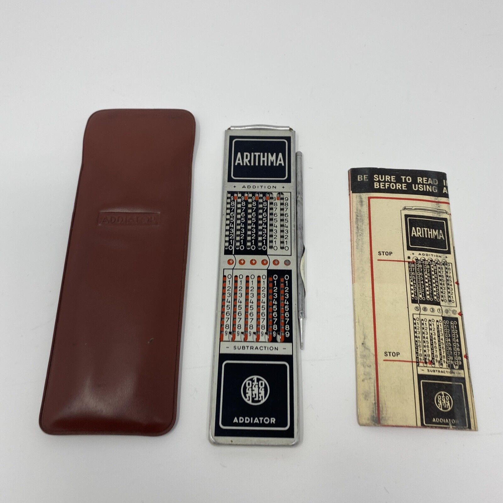 Vintage (1960s) Arithma Addiator Pocket Calculator-- Instructions, Case, Stylus