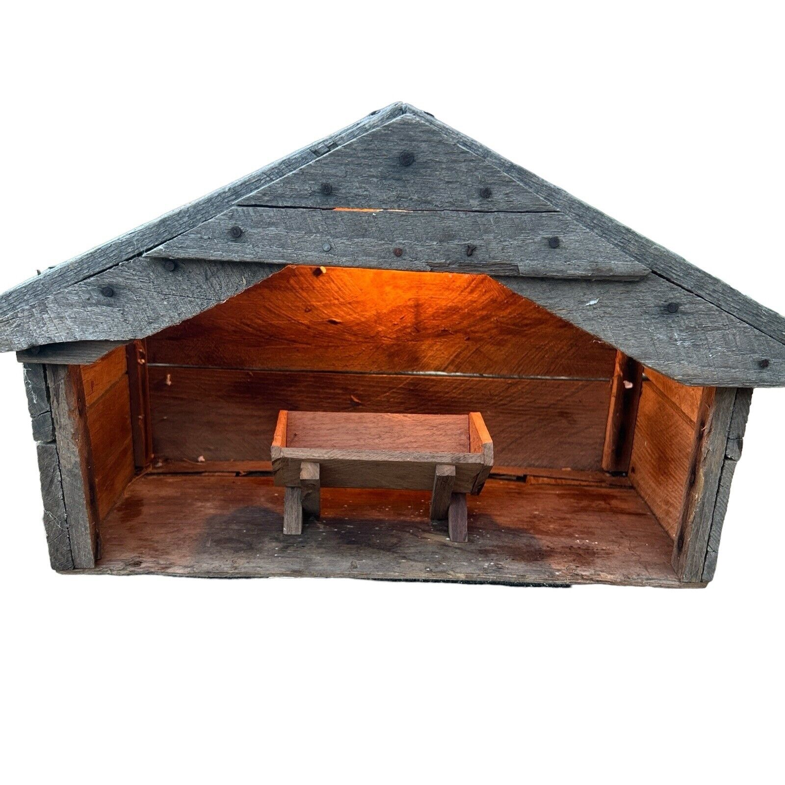 Handmade RUSTIC WOODEN Nativity Scene Vintage STABLE BARN With Manger And Light