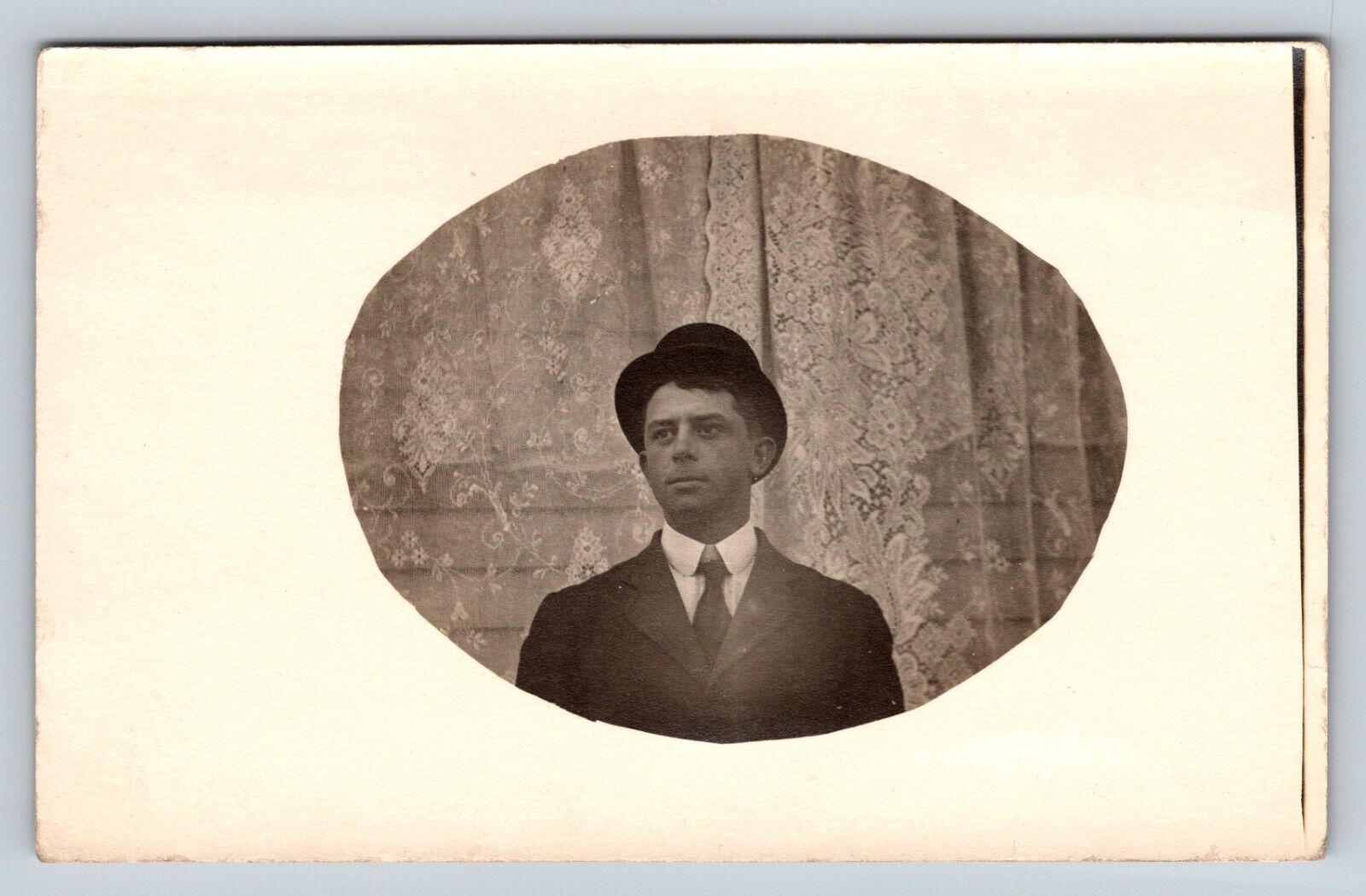 c1911 RPPC Man's Portrait With Hat On Oval Shape, Velox Box ANTIQUE Postcard