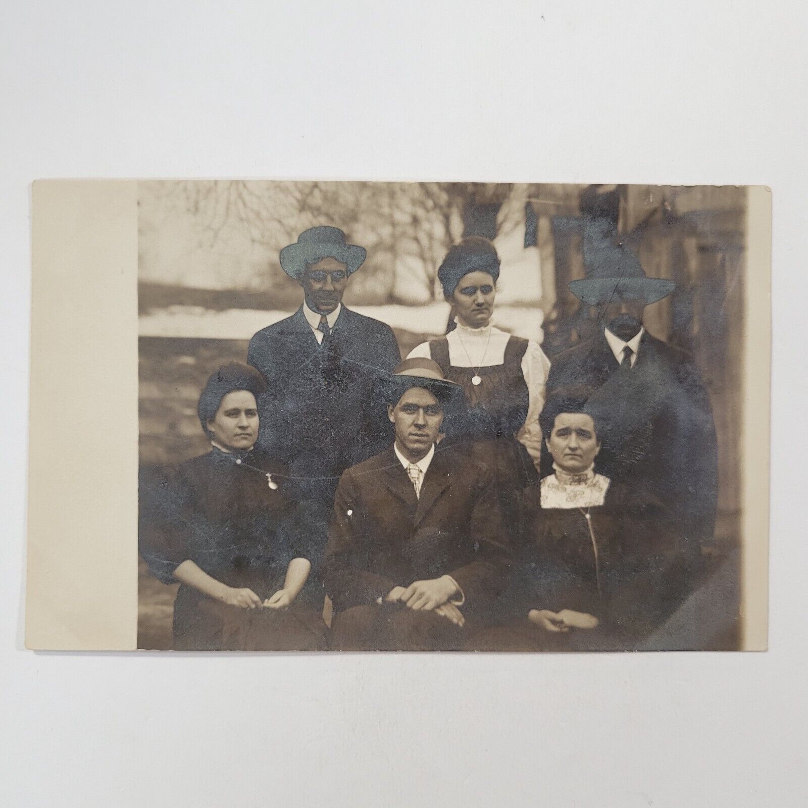 Antique RPPC Family Gathering Postcard Unposted One Person Almost Smiling