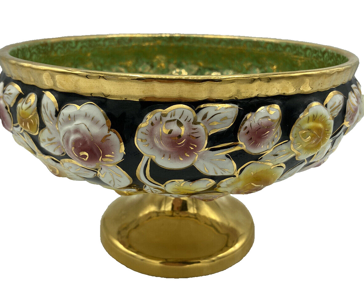Antique ALCOBACA Bowl Porcelain Rose Pattern Bowl Gold Trim Floral Stamped Bowl