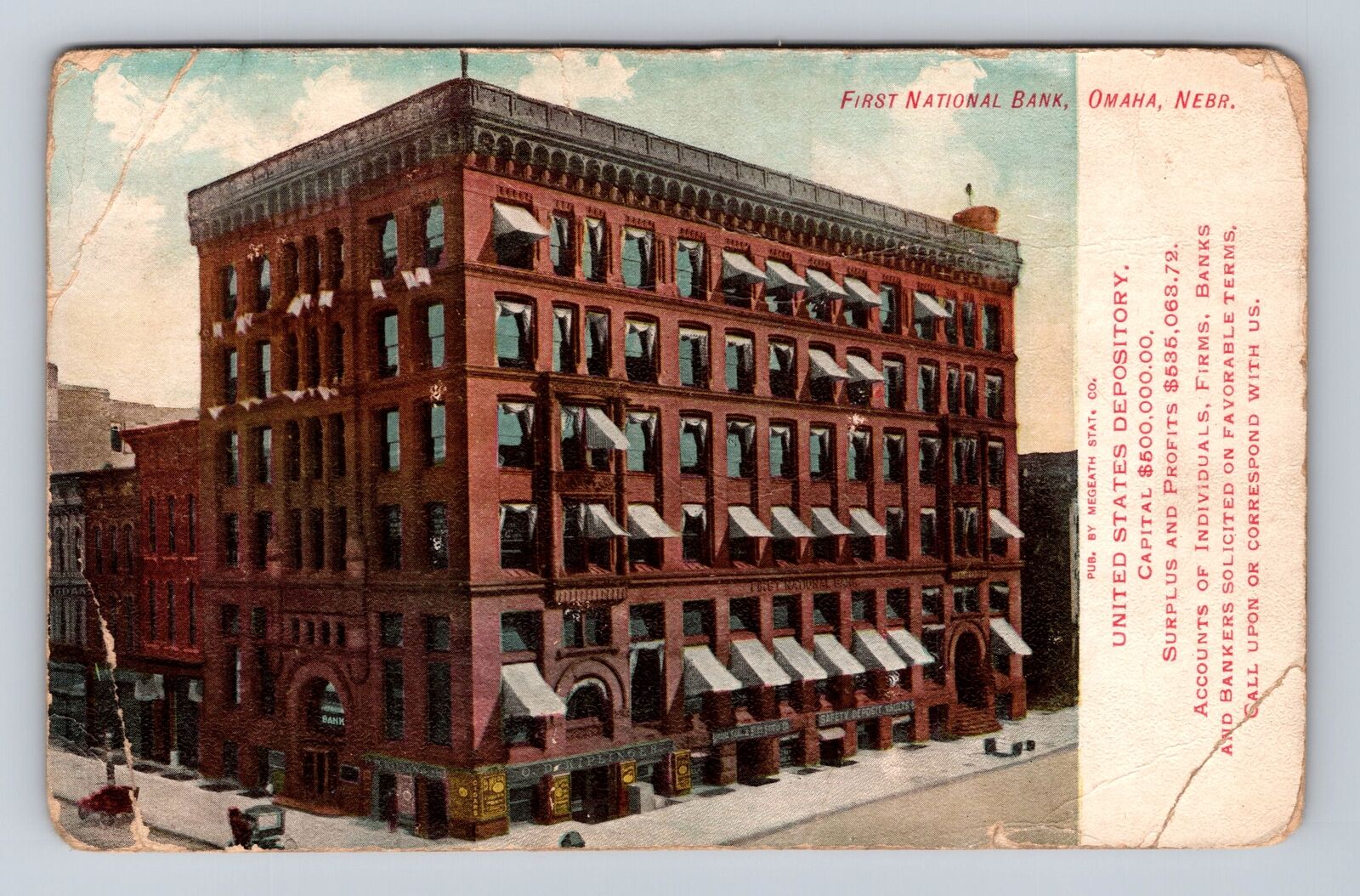 Omaha NE-Nebraska, First National Bank, Antique, Vintage c1907 Souvenir Postcard