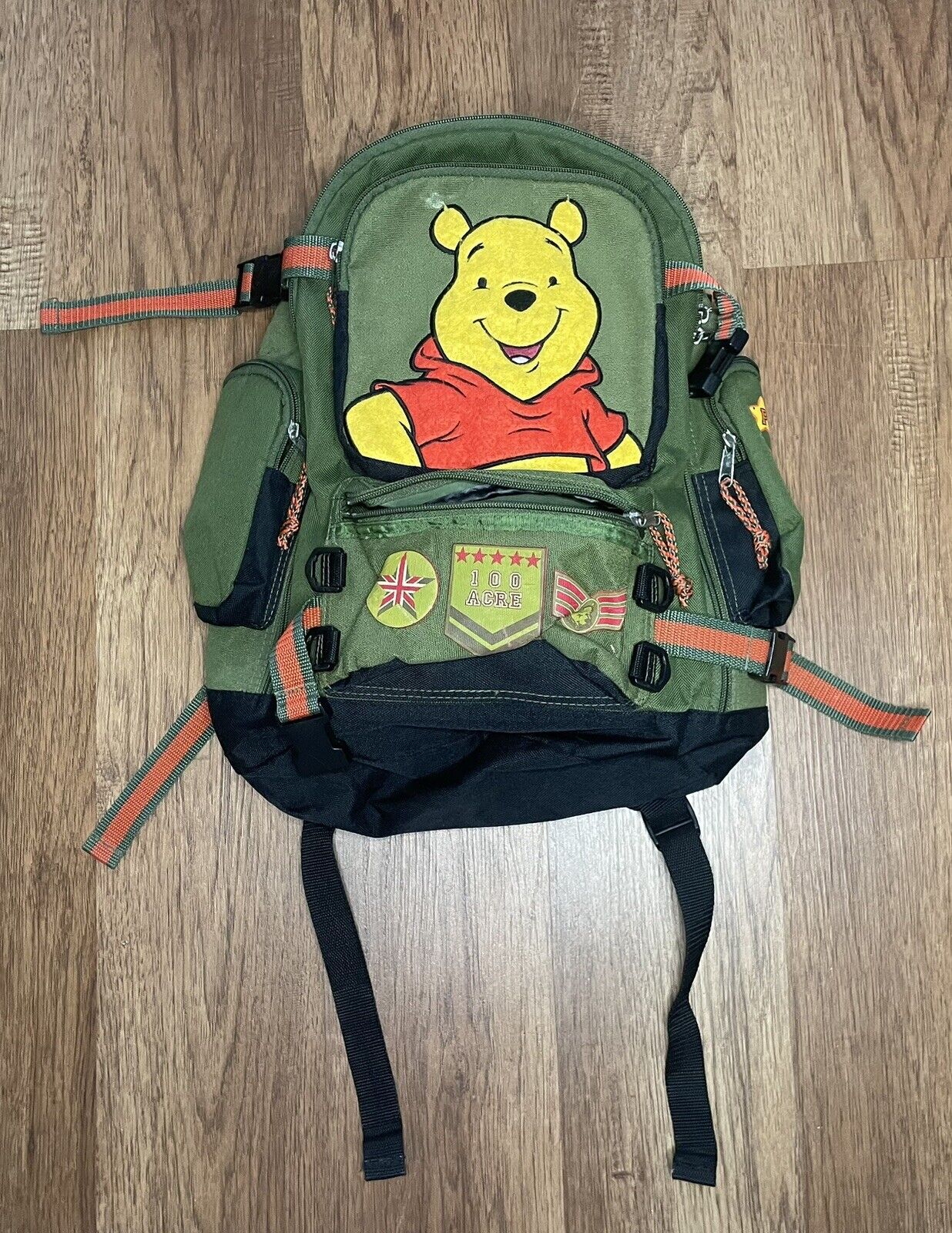 Unique Disney’s Winnie The Pooh Large Backpack Olive Green Straps Zips Buckles