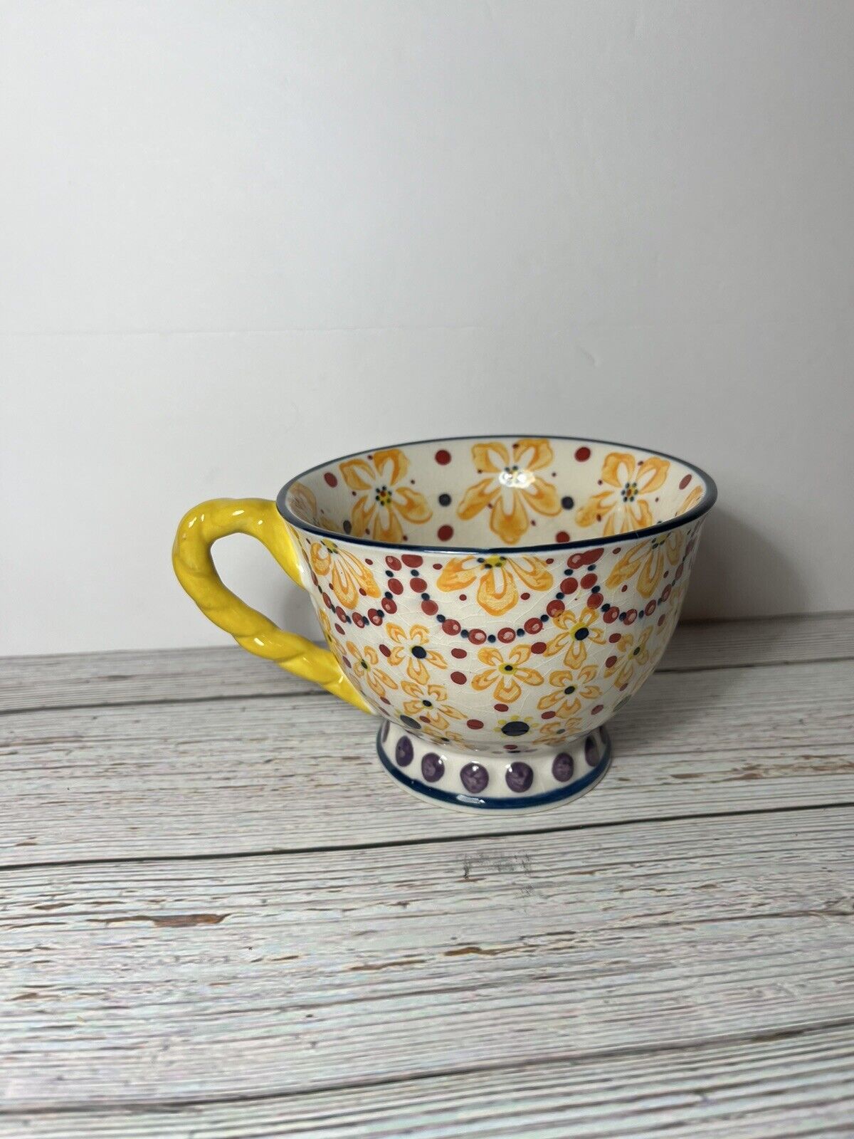 Anthropologie Elka Ayaka Coffee Tea Cup Floral Footed Yellow Twisted Handle