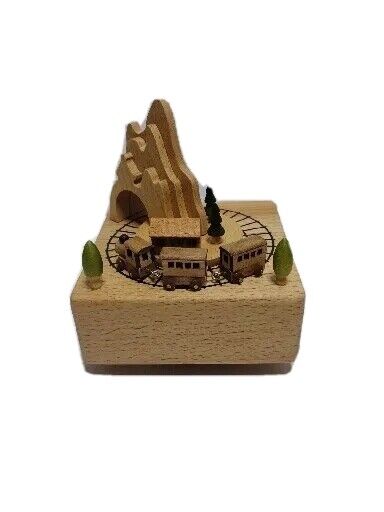 Wooden Musical Box Featuring Mountain Tunnel With Small Moving Magnetic Train 