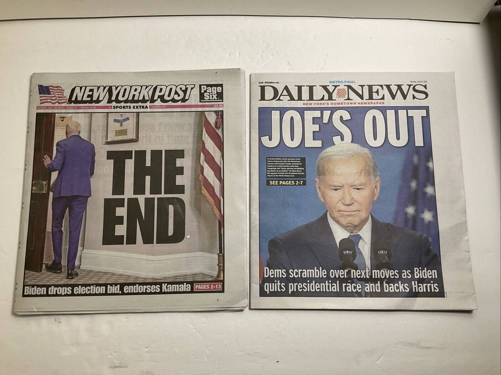 PRESIDENT JOE BIDEN BOWS OUT N.Y. NEWSPAPERS - DAILY NEWS - NY POST - 7/22/24