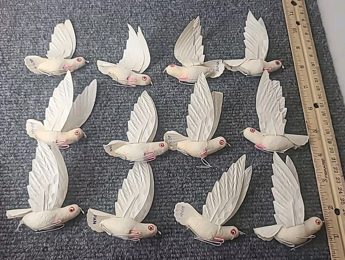 12 Vintage Japan Spun Cotton Birds Doves Christmas Easter Wire Feet 