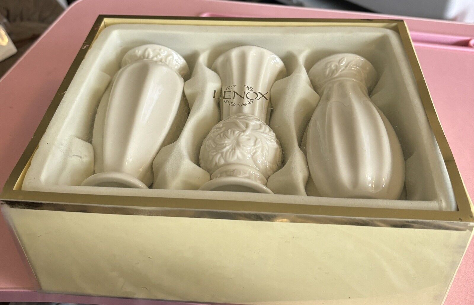 lenox white porcelain Carved Bud Vase set