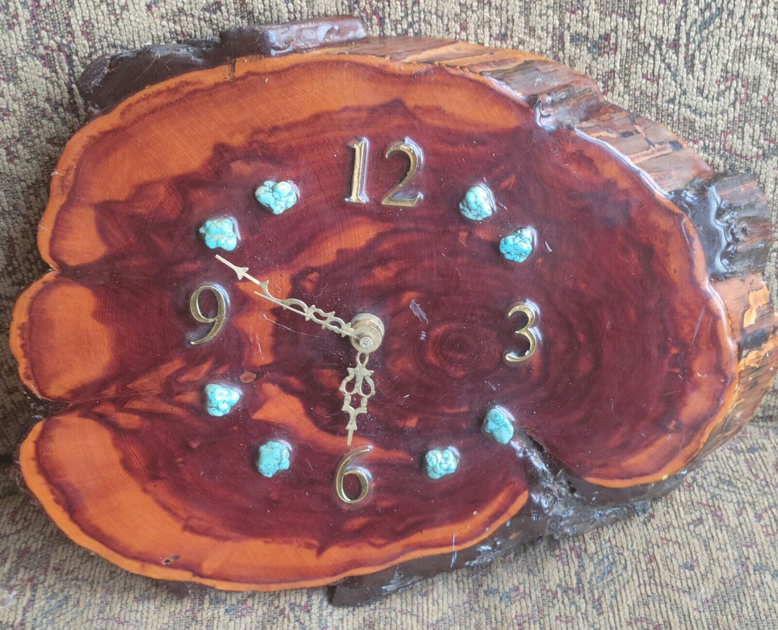 Rare Vintage Natural Live Edge Wood Slab Wall Clock Handcrafted with Turquoise