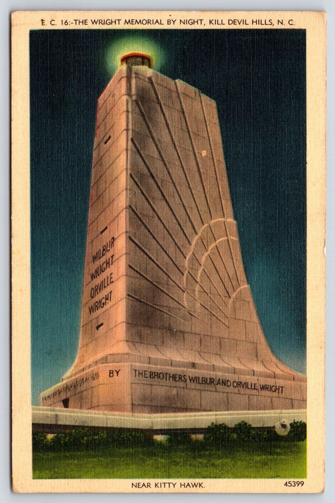 North Carolina The Wright Memorial By Night Vintage Postcard POSTED