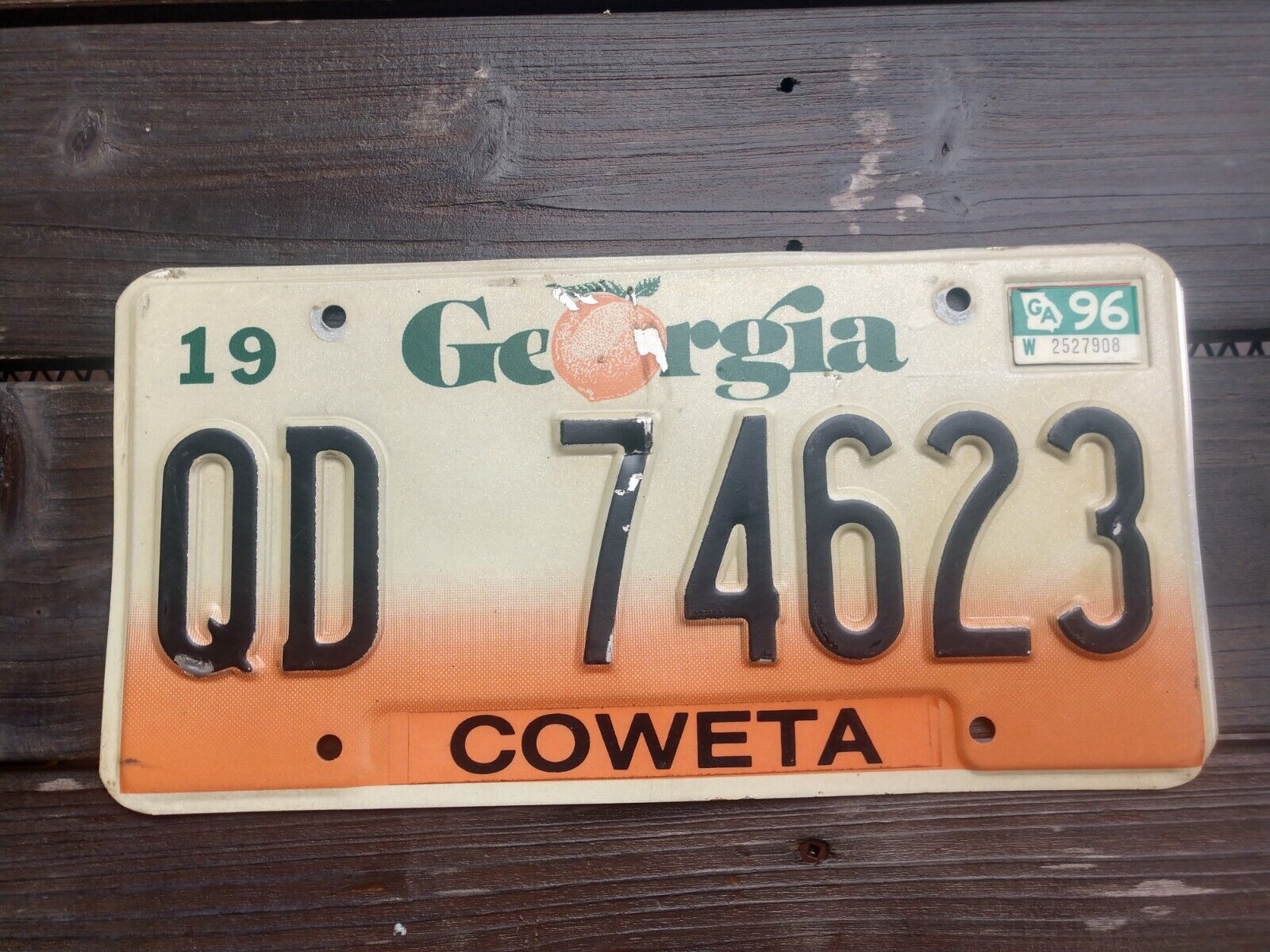 Vintage 1990 Georgia License Plate, QD-74623, thru \'96 stickers  ~ Coweta County