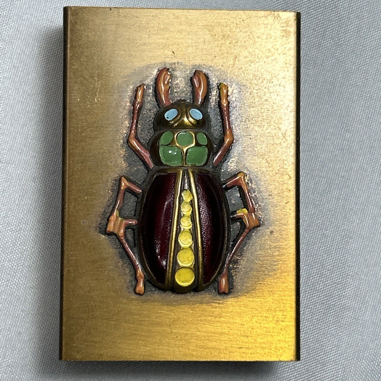 Brass Matchbox Cover Enamel Inlay Scarab Beetle Tobacciana Egyptian Revival Deco