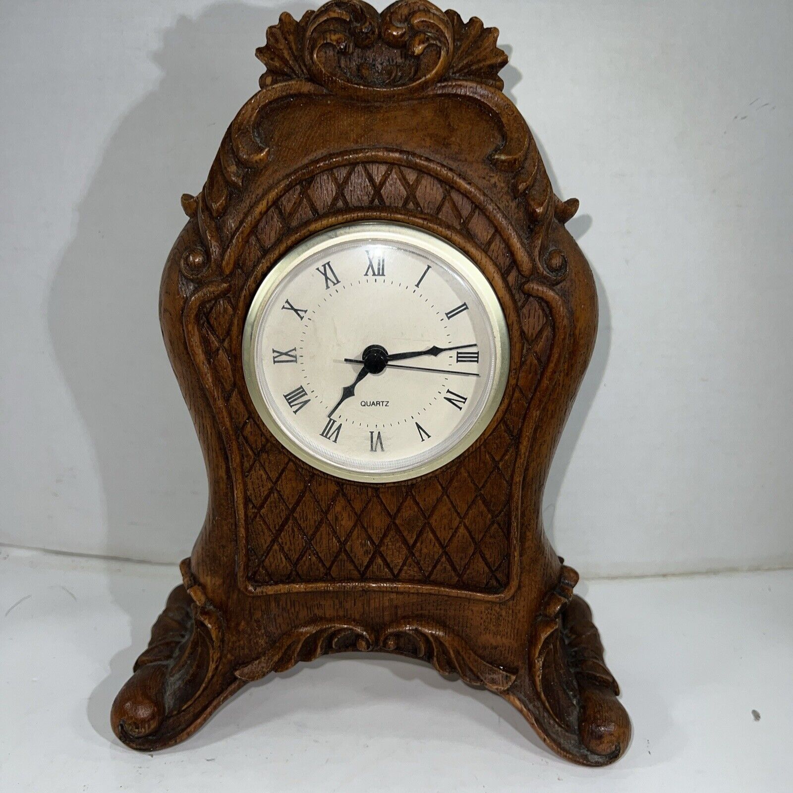 Vintage CBK Ltd Ornate Engraved Wood Quartz Clock USA Made Apx. 11”x7.5”