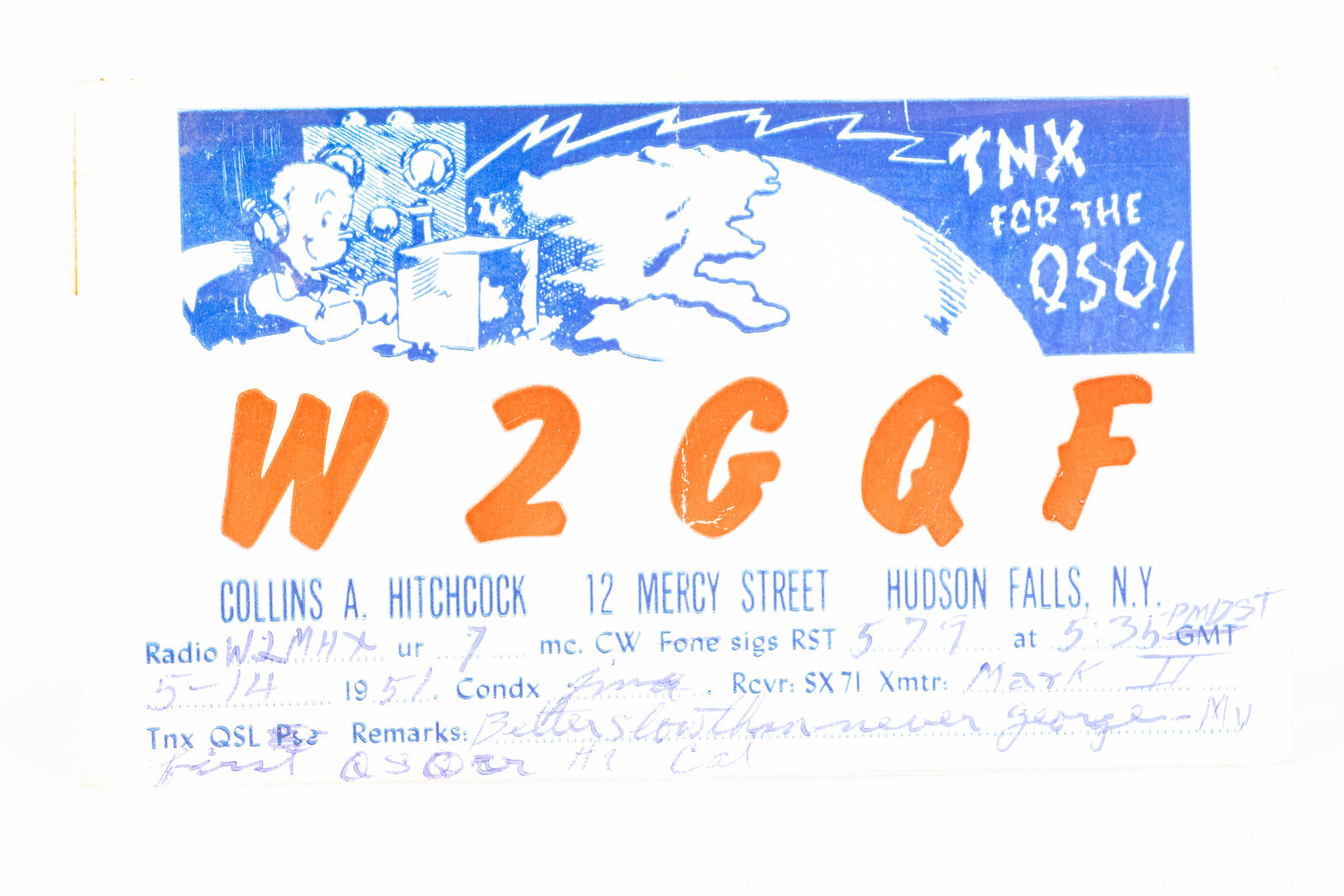 1951 Amateur Ham Radio QSL Card Hudson Falls New York W2GQF Collins Hitchcock