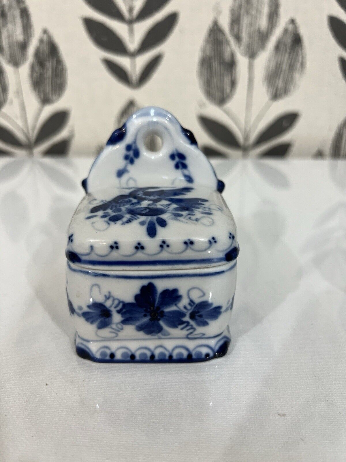 Gzhel Antique Salt Box Porcelain Blue White Dish Trinket Dish Jewelry Box Vtg