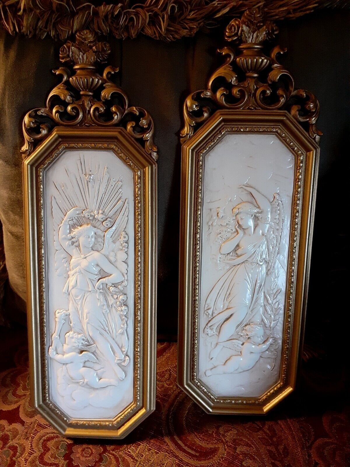 2-70s Homco Cameo Hollywood Regency Wall Plaques Angels Gold Orate Frame Mid Cen