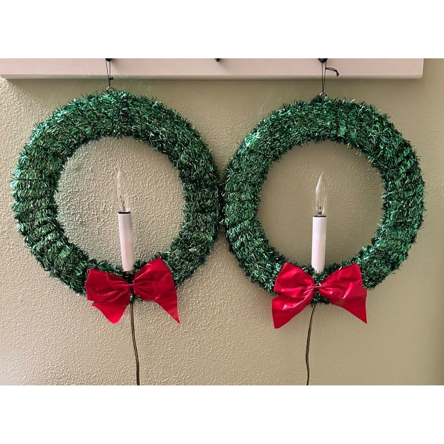 Set of 2 Green Tinsel Lighted Christmas Candle Wreath with Red Bow Works