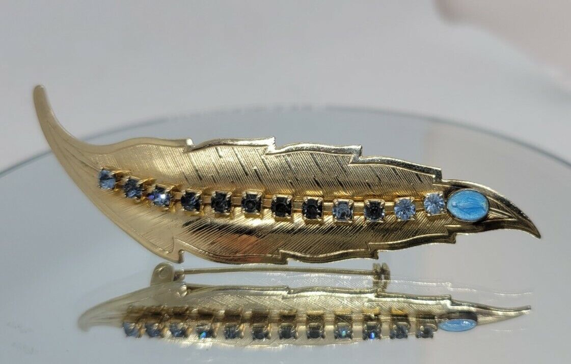 RARE Vintage Long Leaf Brooch Pin with Blue crystal accent Religious Blue Saint 