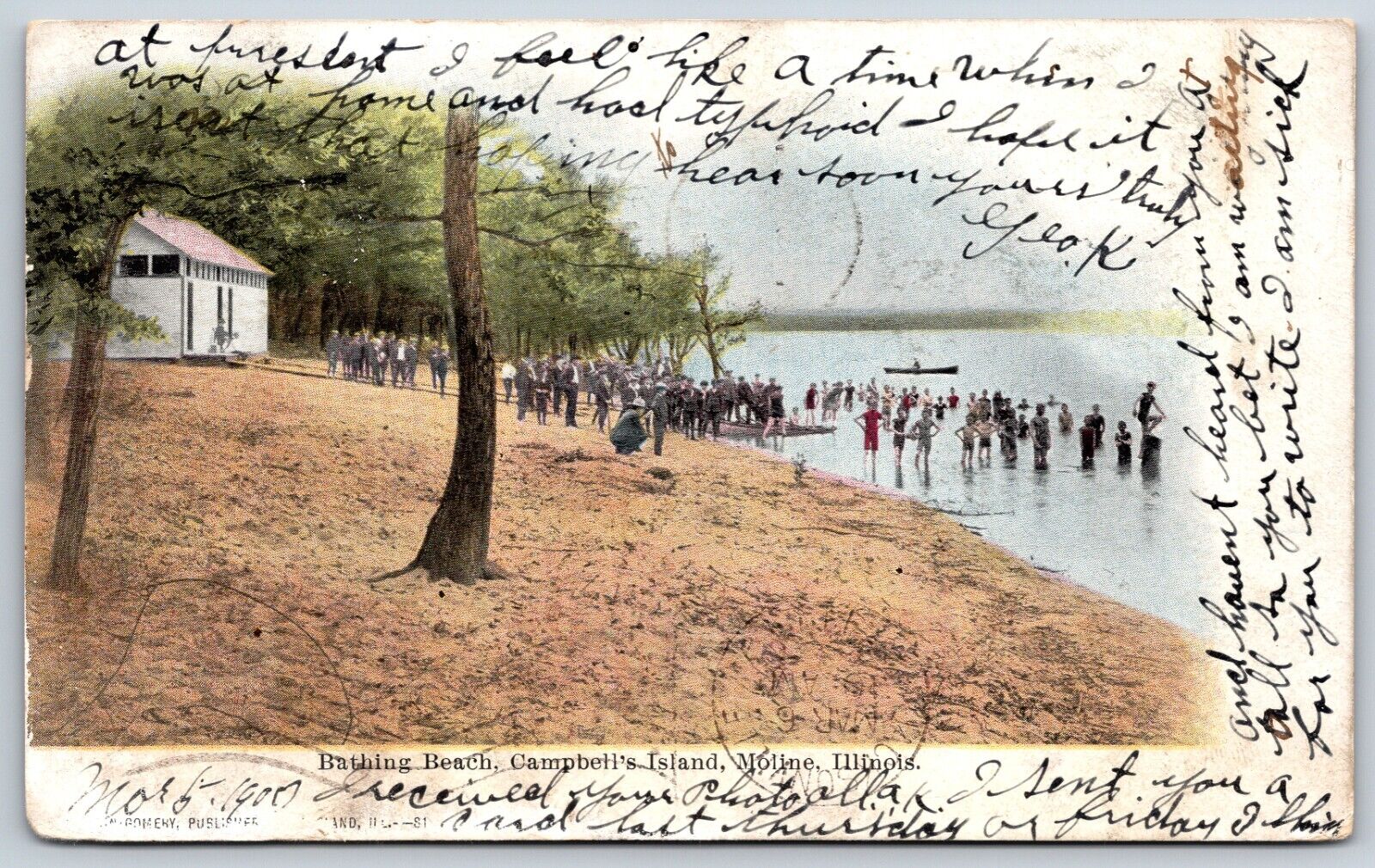 Postcard Bathing Beach Campbell\'s Island, People, Moline Illinois Posted 1907