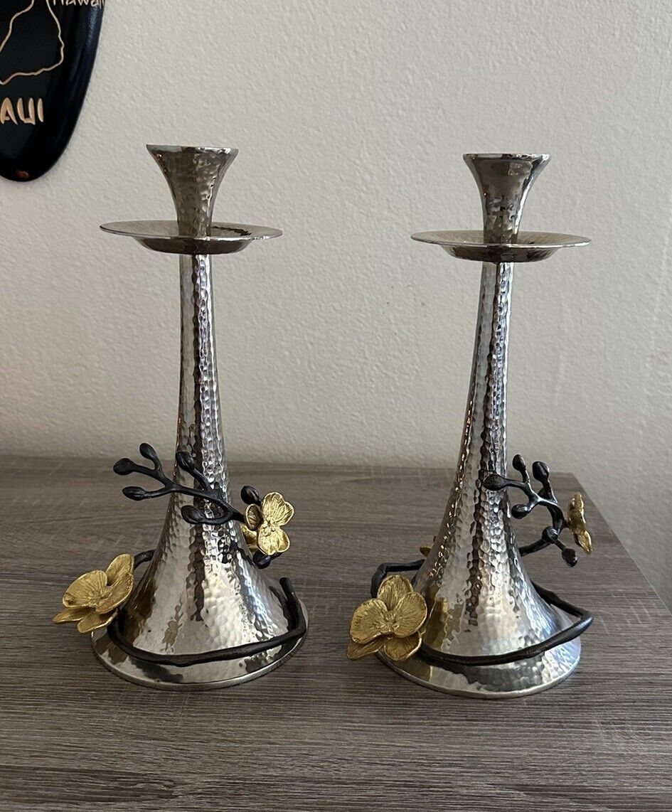 Michael Aram Candle Holders Tapers Gold Orchids Hammered Nickel Candlesticks