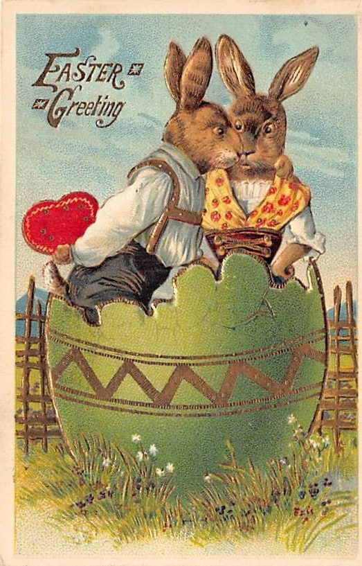 Vintage Postcard: Easter Bunny Sweethearts in Egg, Gilded, Embossed, Posted 1911
