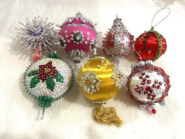 Lot# 12 - 7 Hand Made Vintage Beaded Christmas Ornaments-Lace-Satin-Pearls-NICE