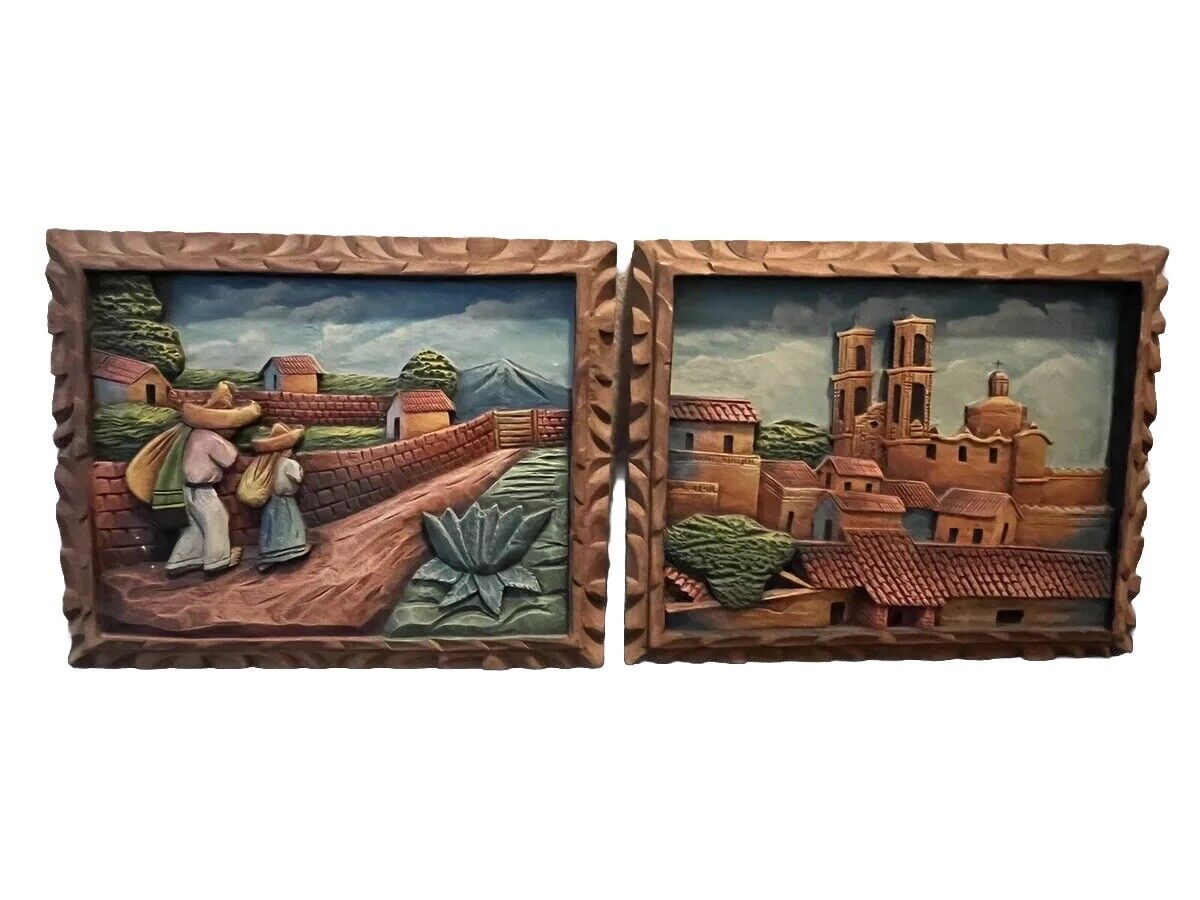 1940s Mexican Folk Art Handcarved Relief Wood Landscape People Vintage 2 Pcs