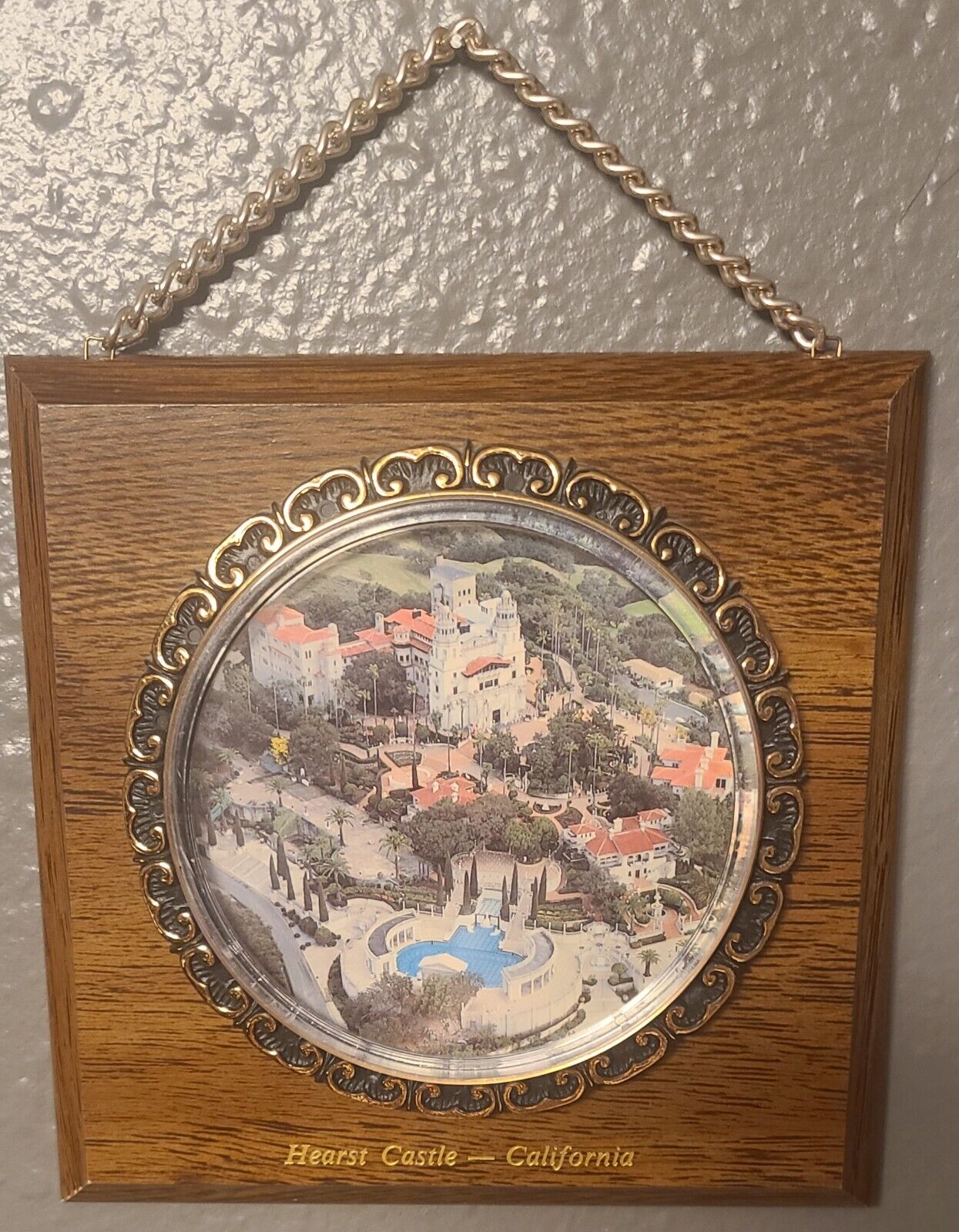 Vintage Hearst Castle California Picture Square Wood Glass Wall Hanging Souvenir