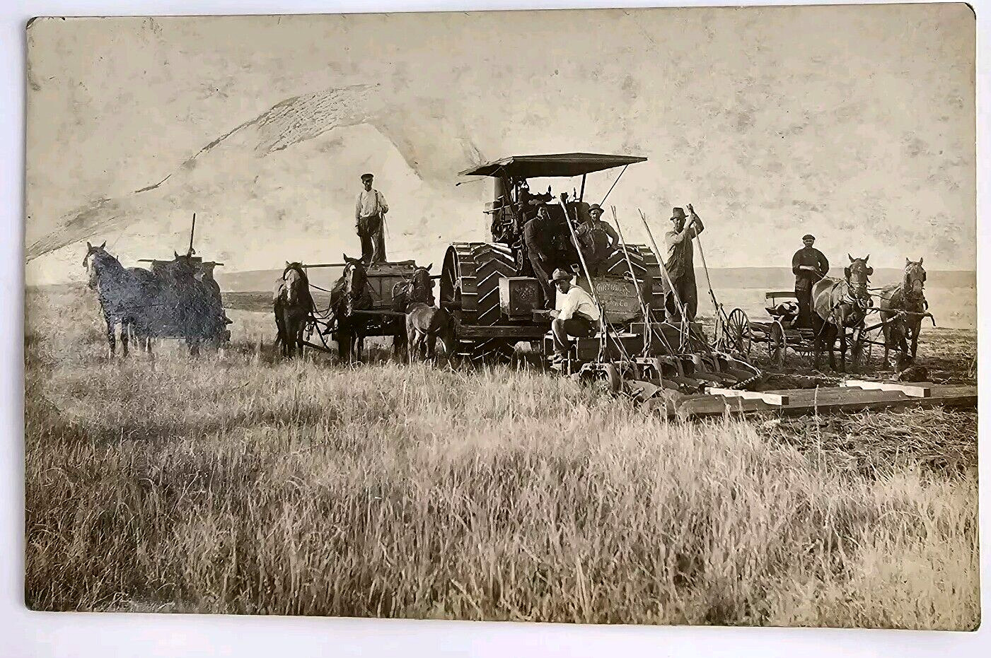 Antique Farm Steam Tractor Field Farmers Horses RPPC Real Photo Occupational