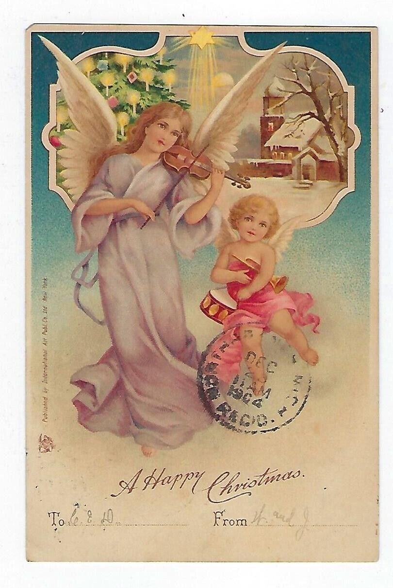 1904 Christmas Postcard Angel Playing Violin & A Cherub Int\'l Art Posted