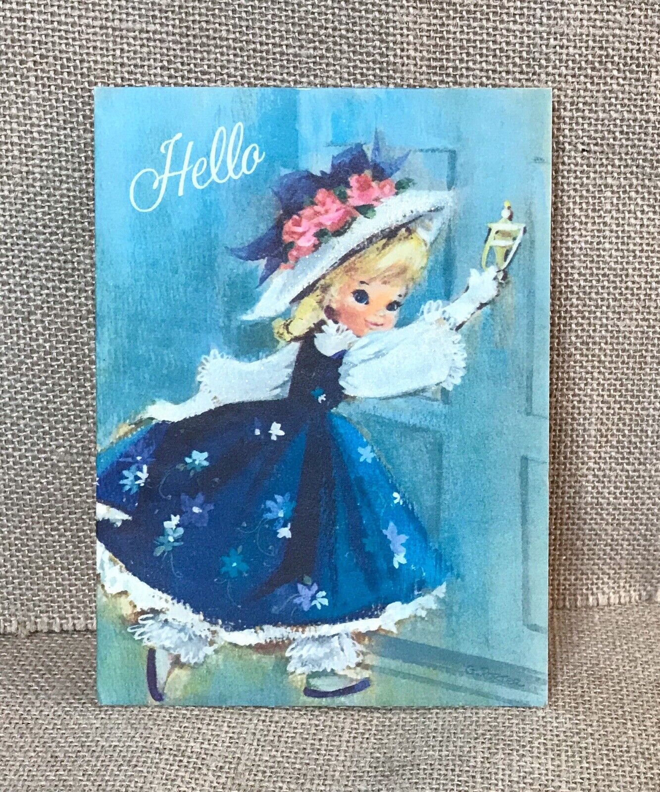 Vintage 1950s Hallmark Girl In Blue Dress Birthday Greeting Card Ephemera
