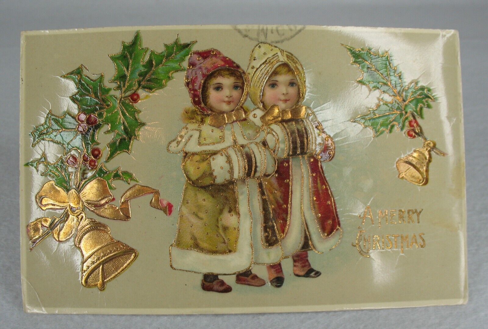 Edwardian Postcard 1 cent 1908 posted Christmas Girls Embossed Laminated Germany