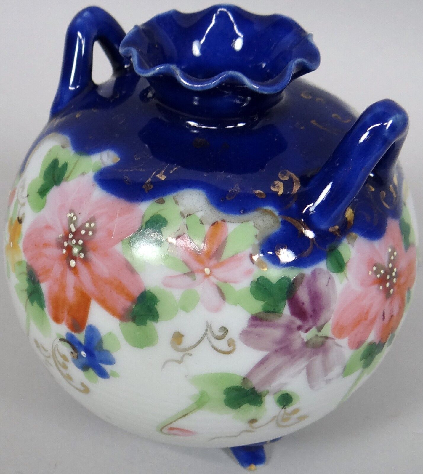Antique Porcelain Vase Pot Japanese Nippon Cobalt Blue Pansy Vtg 1890 1910s